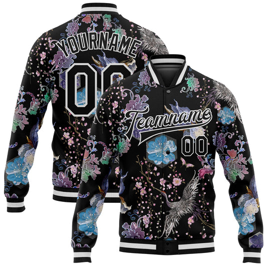 Custom Black White Heron And Flower 3D Pattern Design Bomber Full-Snap Varsity Letterman Jacket - Main View