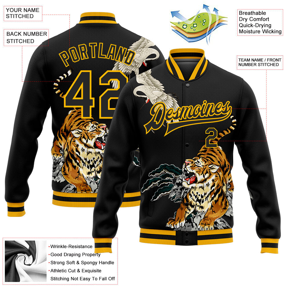 Custom Black Gold Heron And Tiger 3D Pattern Design Bomber Full-Snap Varsity Letterman Jacket view 5