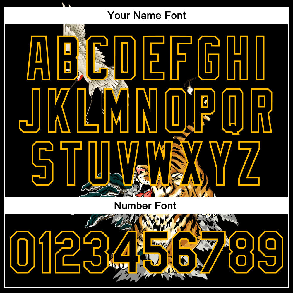 Custom Black Gold Heron And Tiger 3D Pattern Design Bomber Full-Snap Varsity Letterman Jacket view 7