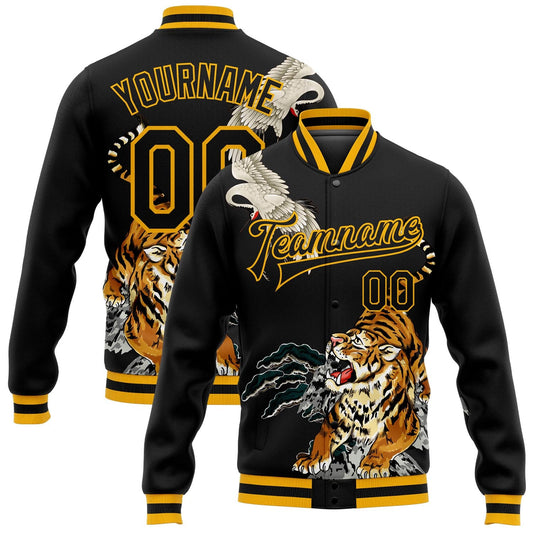Custom Black Gold Heron And Tiger 3D Pattern Design Bomber Full-Snap Varsity Letterman Jacket - Main View
