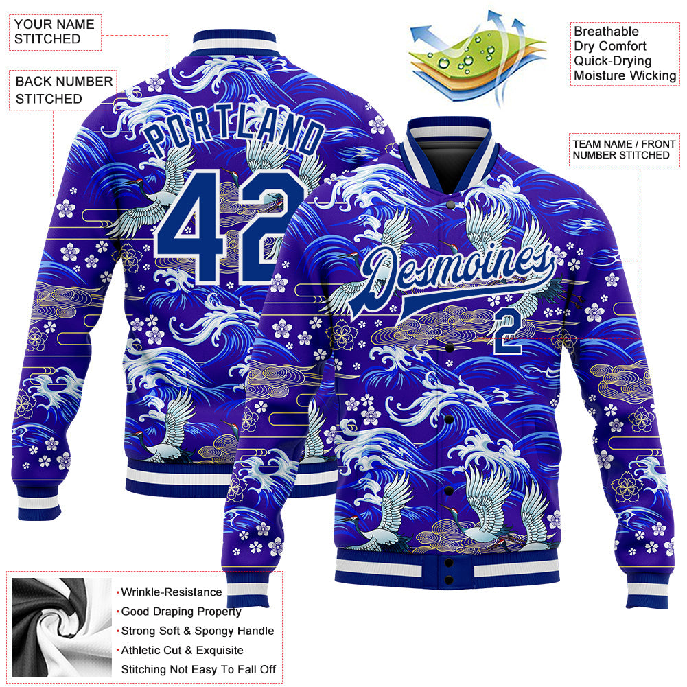 Custom Royal White Heron And Wave 3D Pattern Design Bomber Full-Snap Varsity Letterman Jacket view 5
