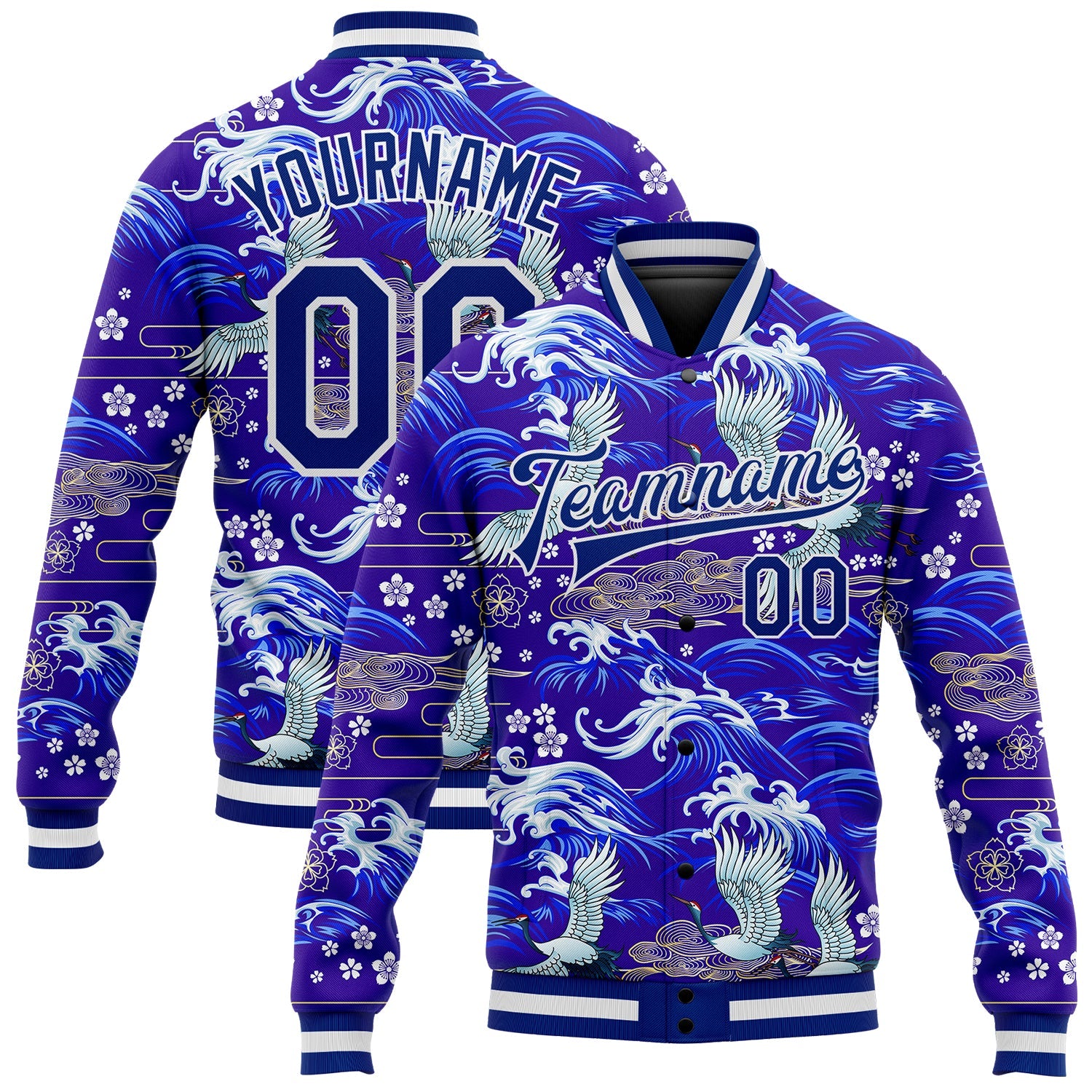 Custom Royal White Heron And Wave 3D Pattern Design Bomber Full-Snap Varsity Letterman Jacket - Main View