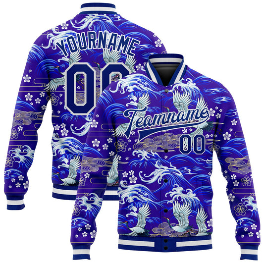 Custom Royal White Heron And Wave 3D Pattern Design Bomber Full-Snap Varsity Letterman Jacket - Main View