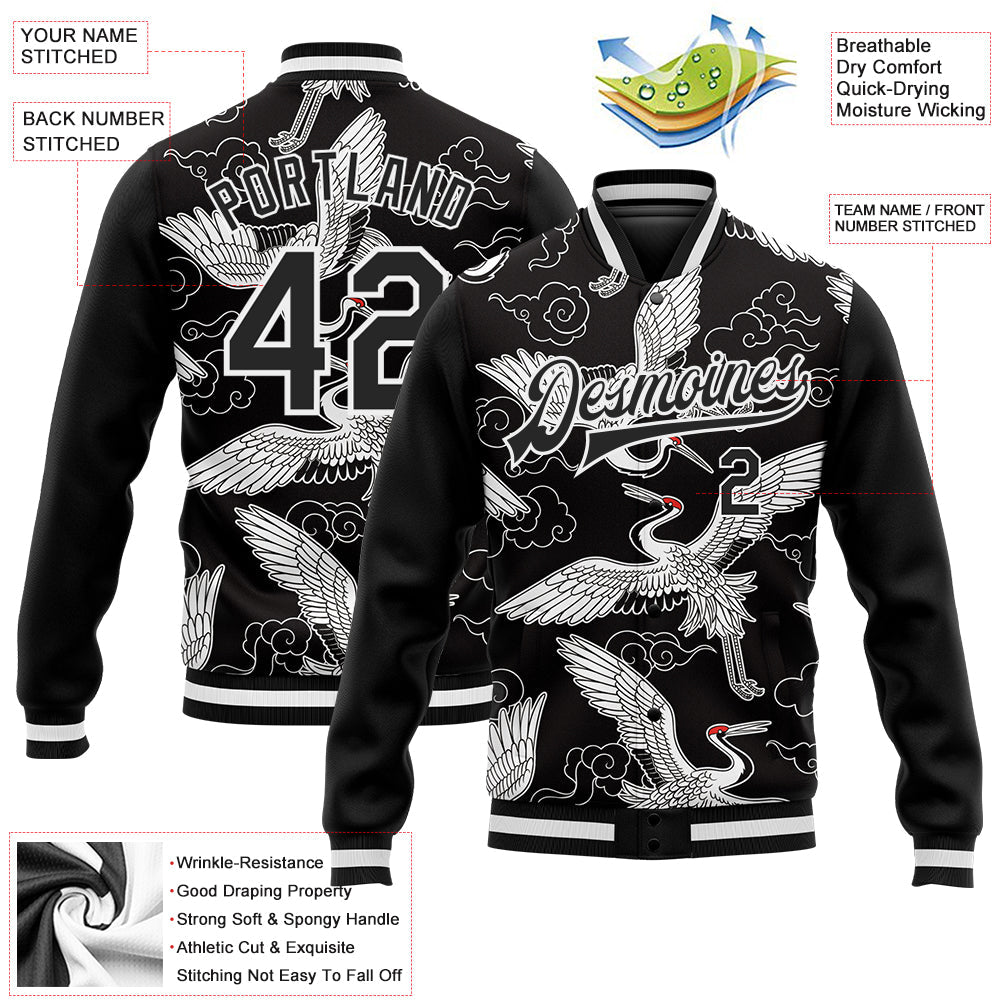 Custom Black White Heron And Cloud 3D Pattern Design Bomber Full-Snap Varsity Letterman Jacket view 5