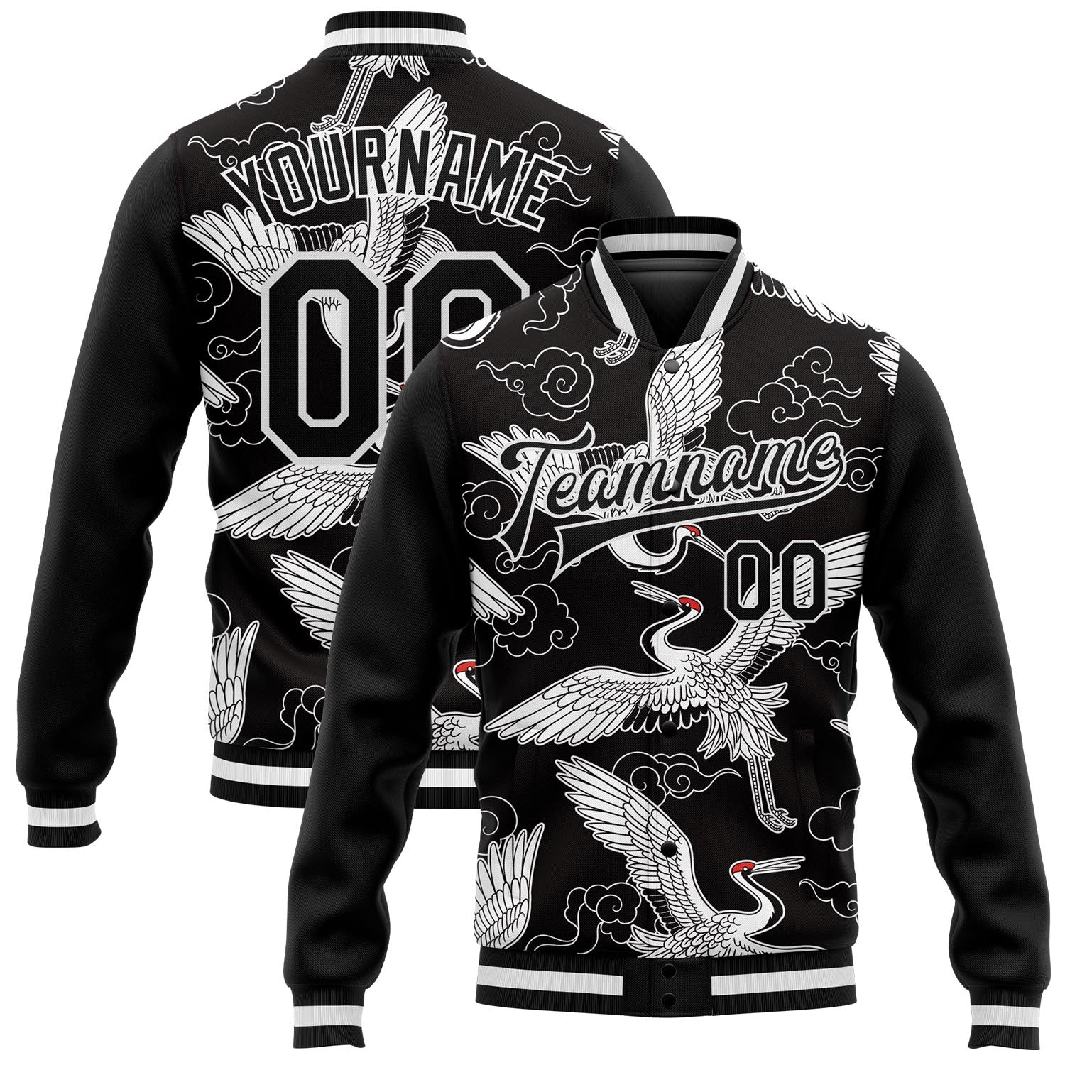 Custom Black White Heron And Cloud 3D Pattern Design Bomber Full-Snap Varsity Letterman Jacket - Main View