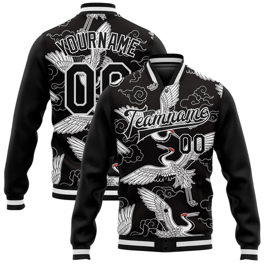 Custom Black White Heron And Cloud 3D Pattern Design Bomber Full-Snap Varsity Letterman Jacket - Main View