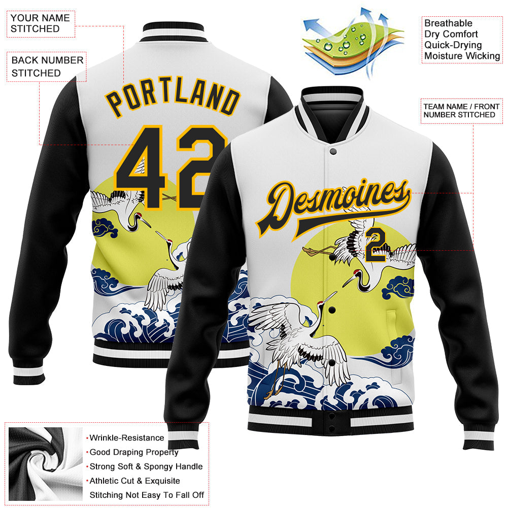Custom White Black-Gold Heron And Wave 3D Pattern Design Bomber Full-Snap Varsity Letterman Jacket view 5