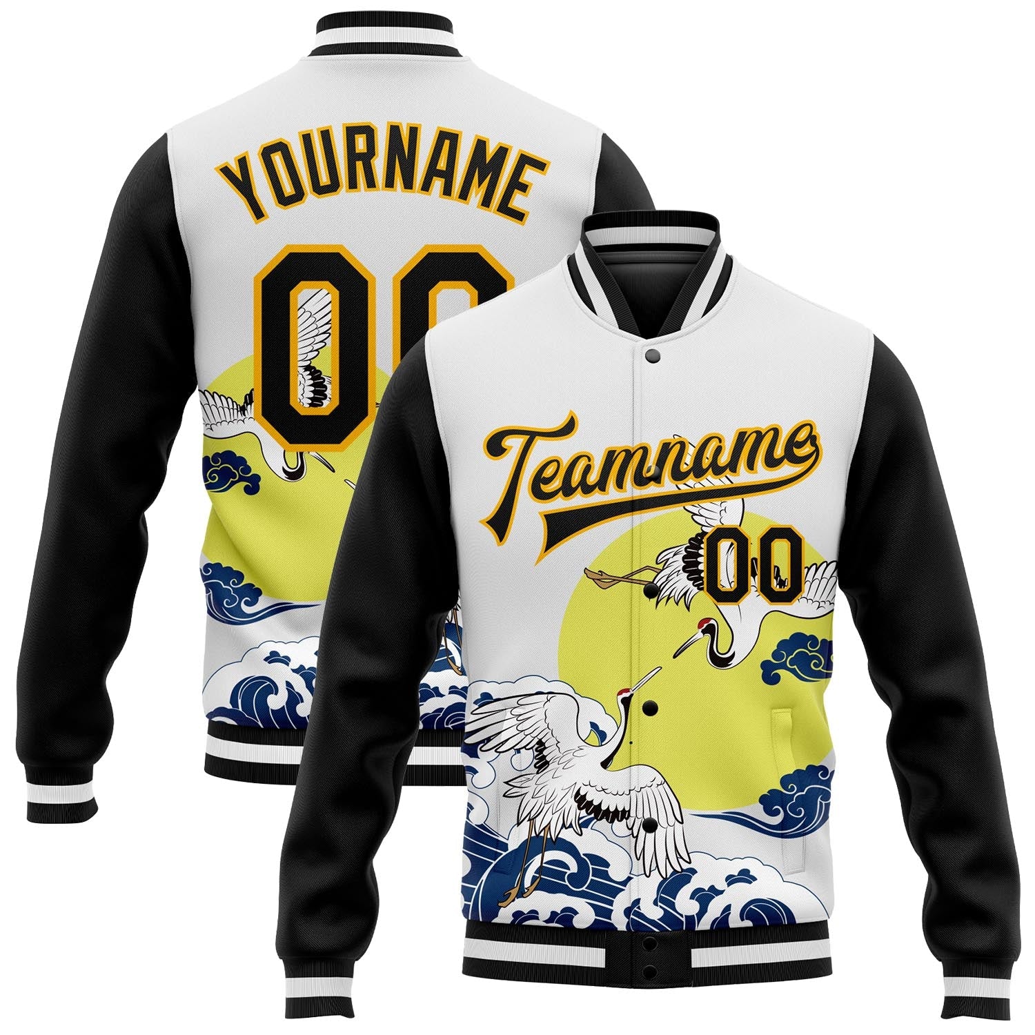 Custom White Black-Gold Heron And Wave 3D Pattern Design Bomber Full-Snap Varsity Letterman Jacket - Main View