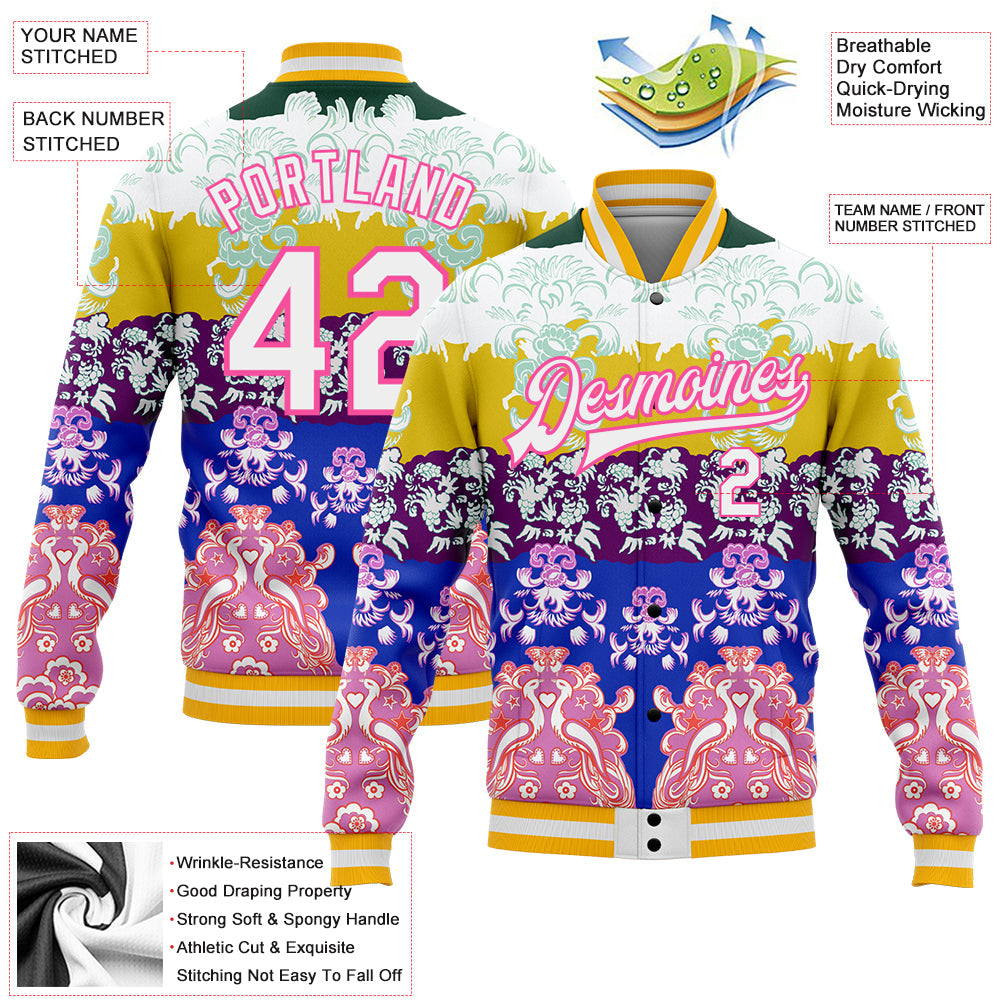 Custom White Pink-Gold Heron 3D Pattern Design Bomber Full-Snap Varsity Letterman Jacket view 5