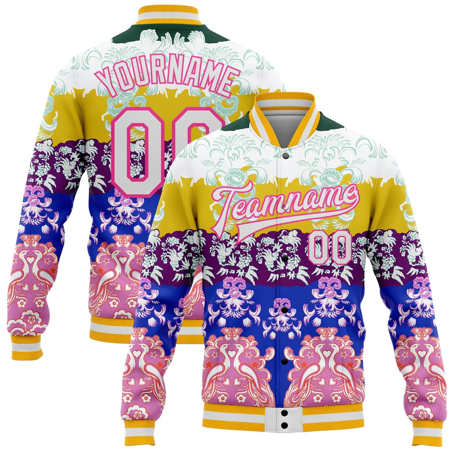 Custom White Pink-Gold Heron 3D Pattern Design Bomber Full-Snap Varsity Letterman Jacket - Main View
