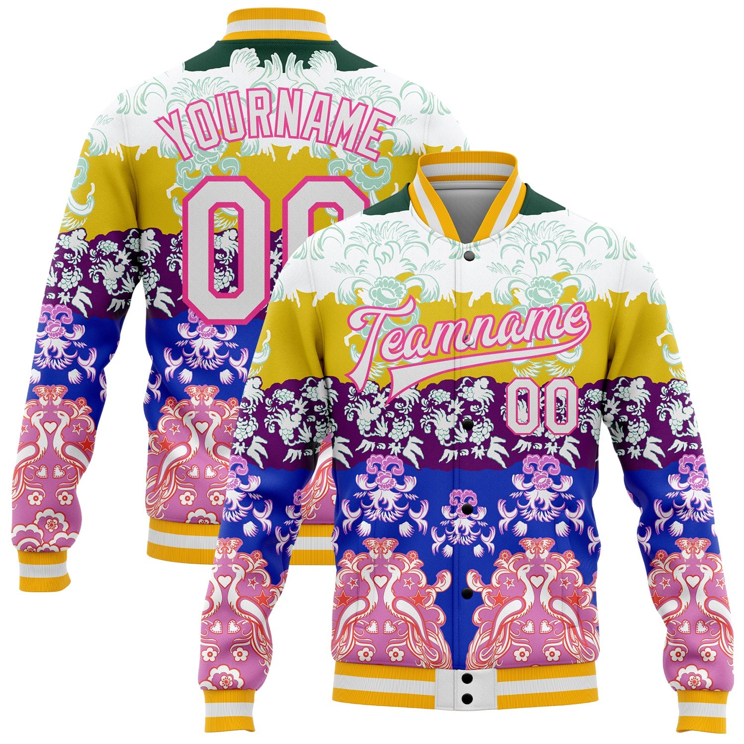 Custom White Pink-Gold Heron 3D Pattern Design Bomber Full-Snap Varsity Letterman Jacket - Main View