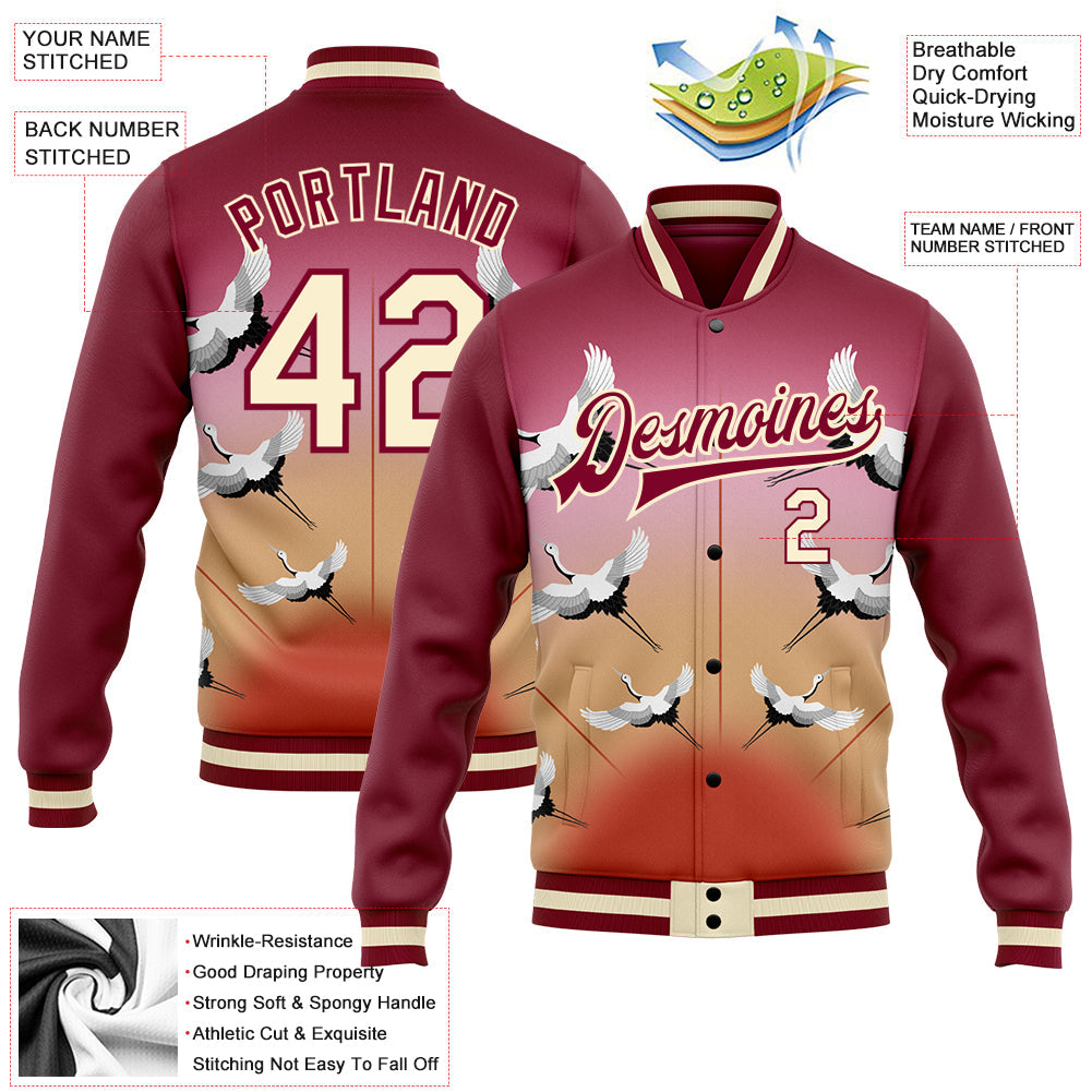 Custom Maroon Cream Heron 3D Pattern Design Bomber Full-Snap Varsity Letterman Jacket view 5
