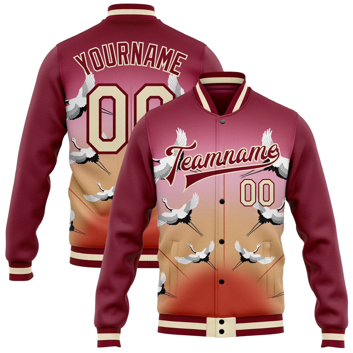 Custom Maroon Cream Heron 3D Pattern Design Bomber Full-Snap Varsity Letterman Jacket - Main View