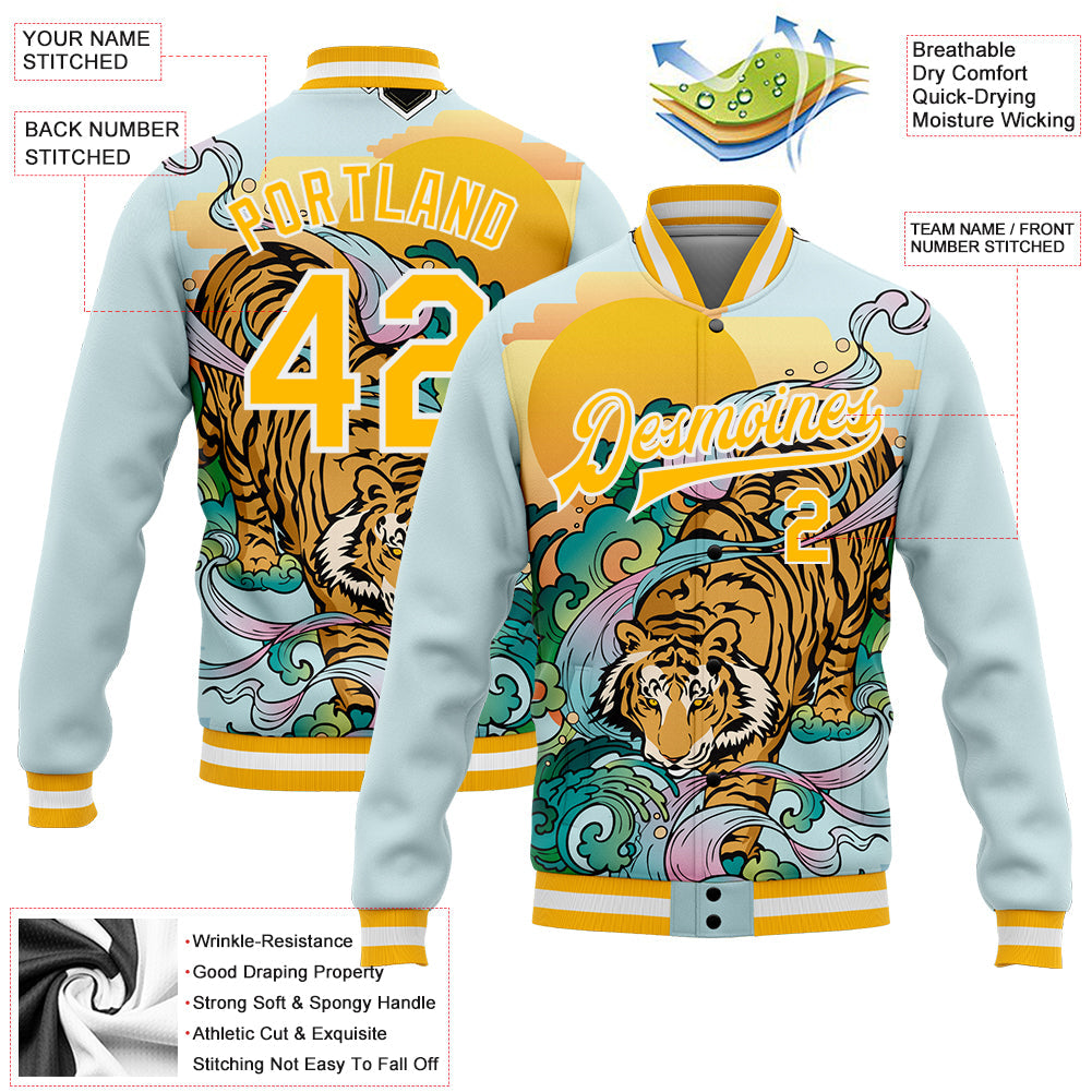 Custom Lakes Blue Gold-White Tiger 3D Pattern Design Bomber Full-Snap Varsity Letterman Jacket view 5
