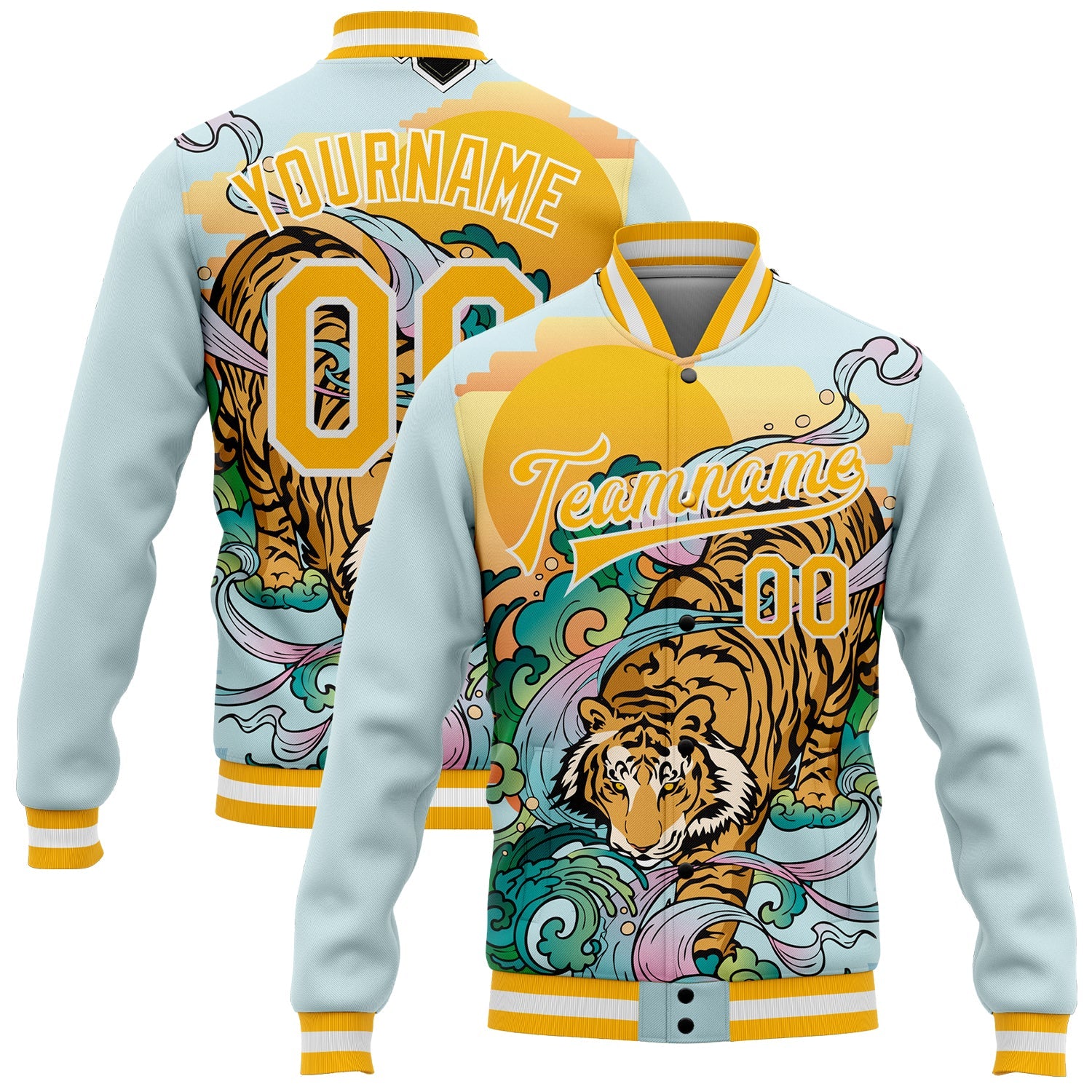 Custom Lakes Blue Gold-White Tiger 3D Pattern Design Bomber Full-Snap Varsity Letterman Jacket - Main View