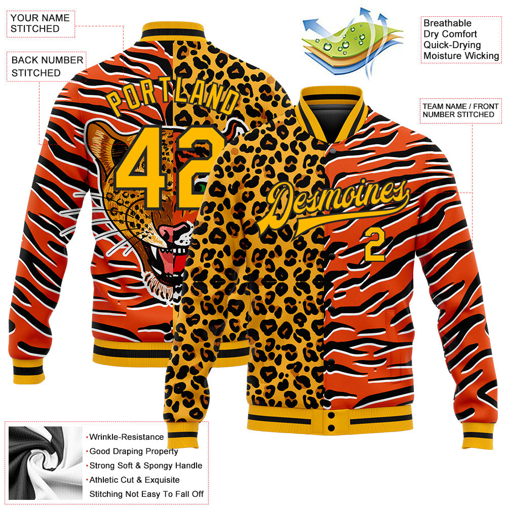 Custom Orange Gold-Black Tiger And Leopard Print 3D Pattern Design Bomber Full-Snap Varsity Letterman Jacket view 5
