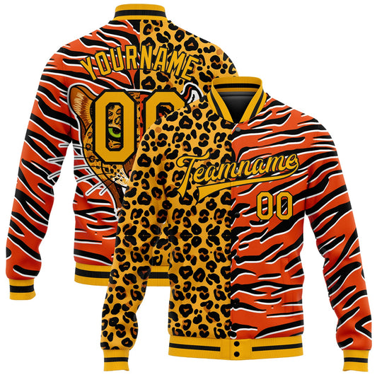 Custom Orange Gold-Black Tiger And Leopard Print 3D Pattern Design Bomber Full-Snap Varsity Letterman Jacket - Main View