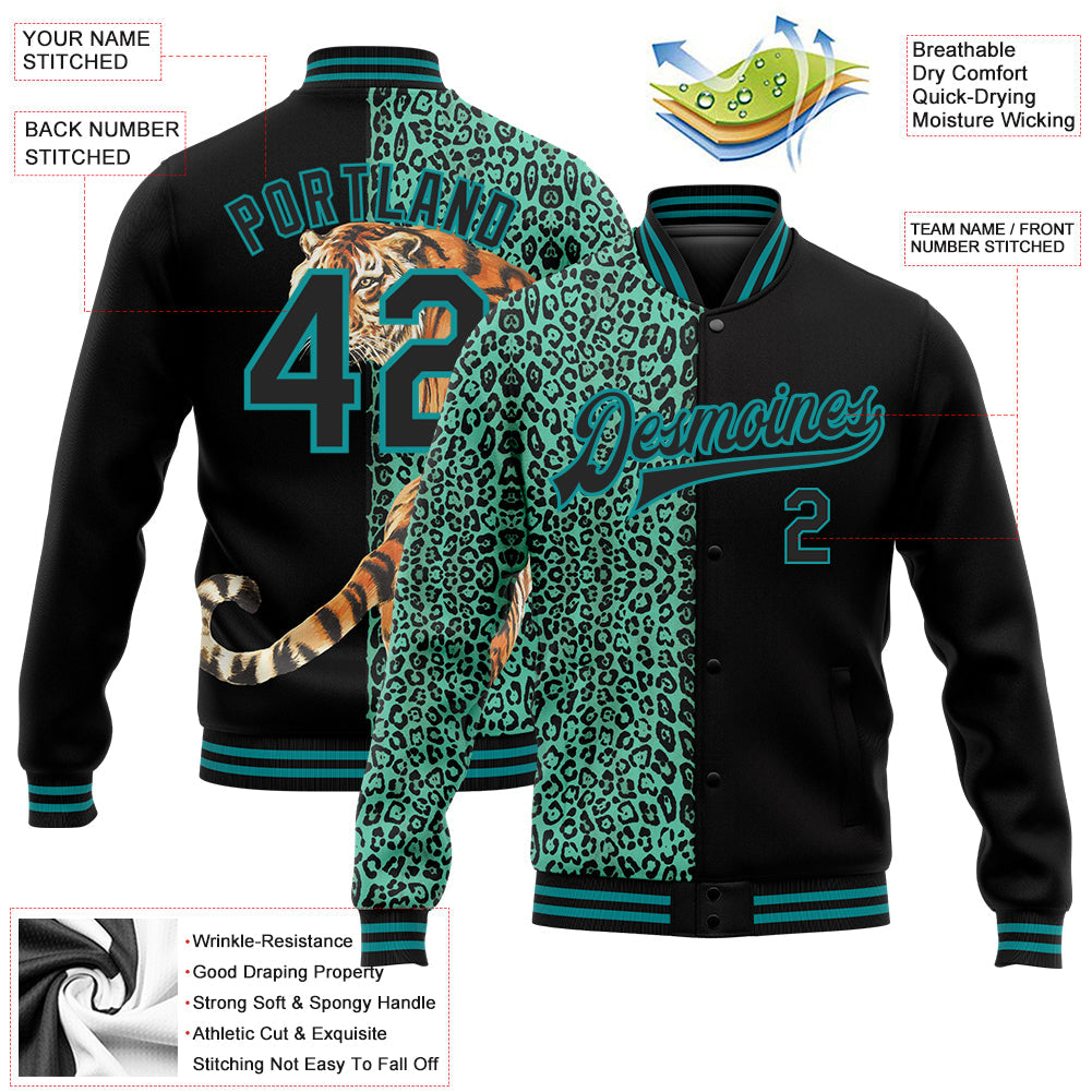 Custom Black Teal Tiger And Leopard Print 3D Pattern Design Bomber Full-Snap Varsity Letterman Jacket view 5