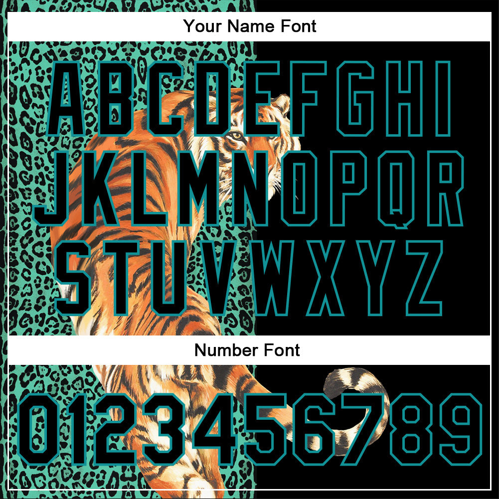 Custom Black Teal Tiger And Leopard Print 3D Pattern Design Bomber Full-Snap Varsity Letterman Jacket view 7