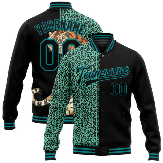 Custom Black Teal Tiger And Leopard Print 3D Pattern Design Bomber Full-Snap Varsity Letterman Jacket - Main View