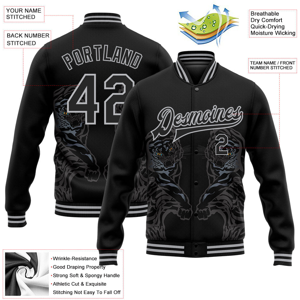 Custom Black Gray Tiger 3D Pattern Design Bomber Full-Snap Varsity Letterman Jacket view 5