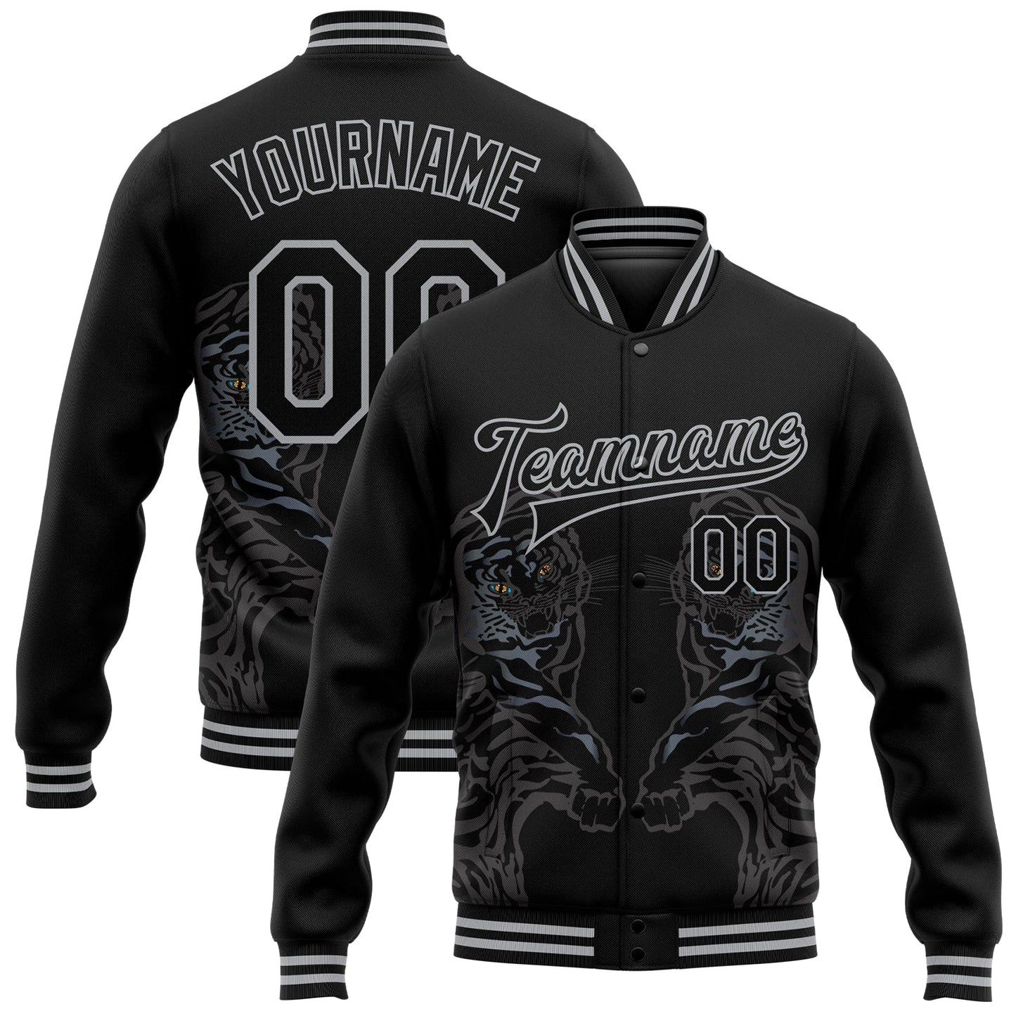 Custom Black Gray Tiger 3D Pattern Design Bomber Full-Snap Varsity Letterman Jacket - Main View