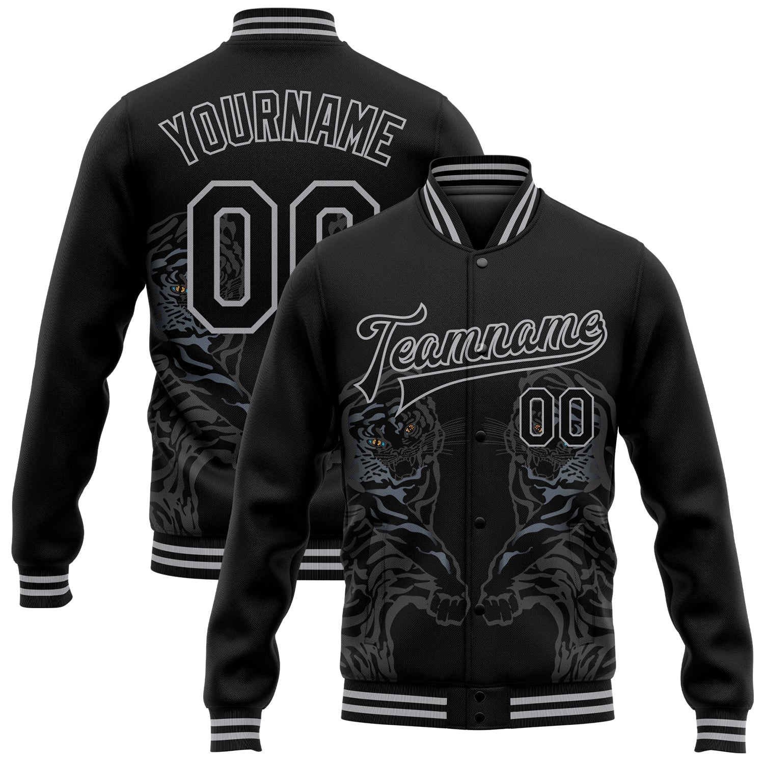 Custom Black Gray Tiger 3D Pattern Design Bomber Full-Snap Varsity Letterman Jacket - Main View