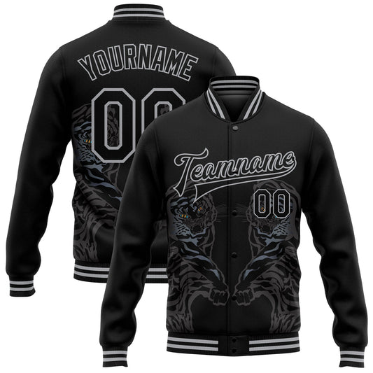 Custom Black Gray Tiger 3D Pattern Design Bomber Full-Snap Varsity Letterman Jacket - Main View