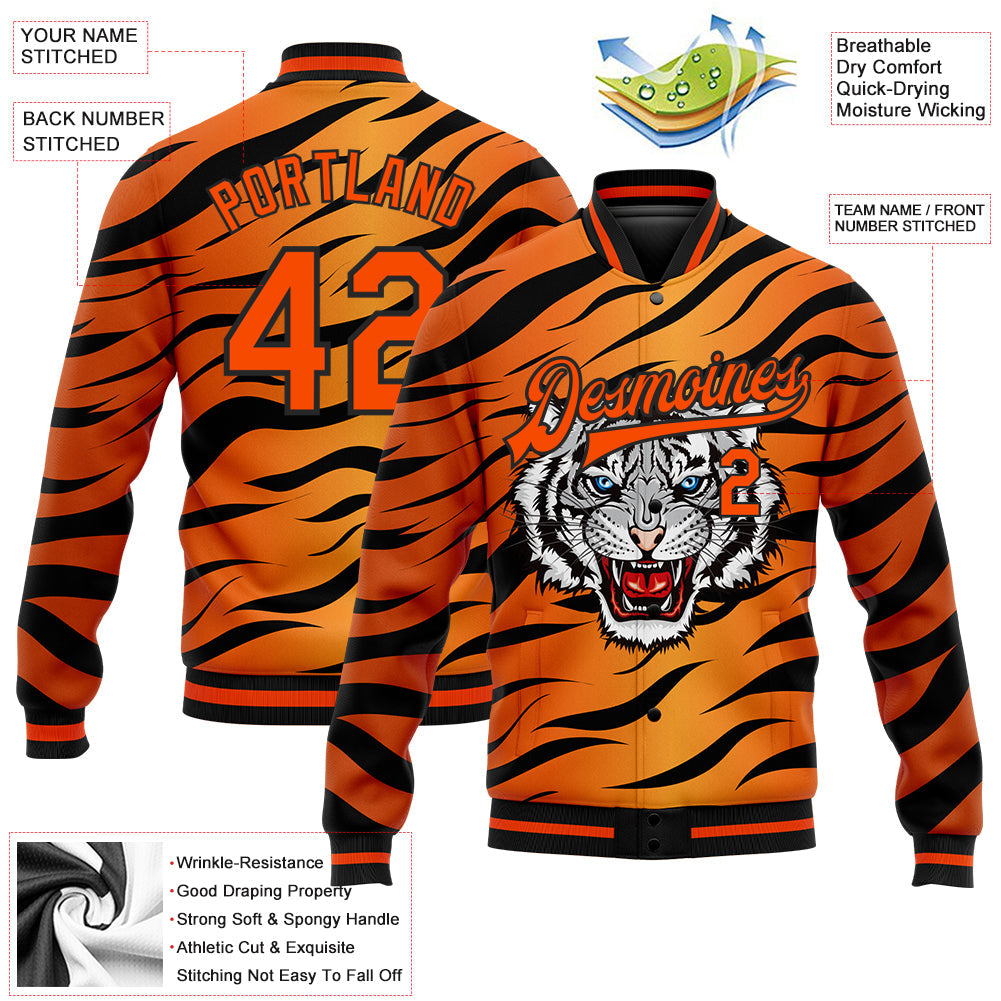 Custom Orange Black Tiger 3D Pattern Design Bomber Full-Snap Varsity Letterman Jacket view 5