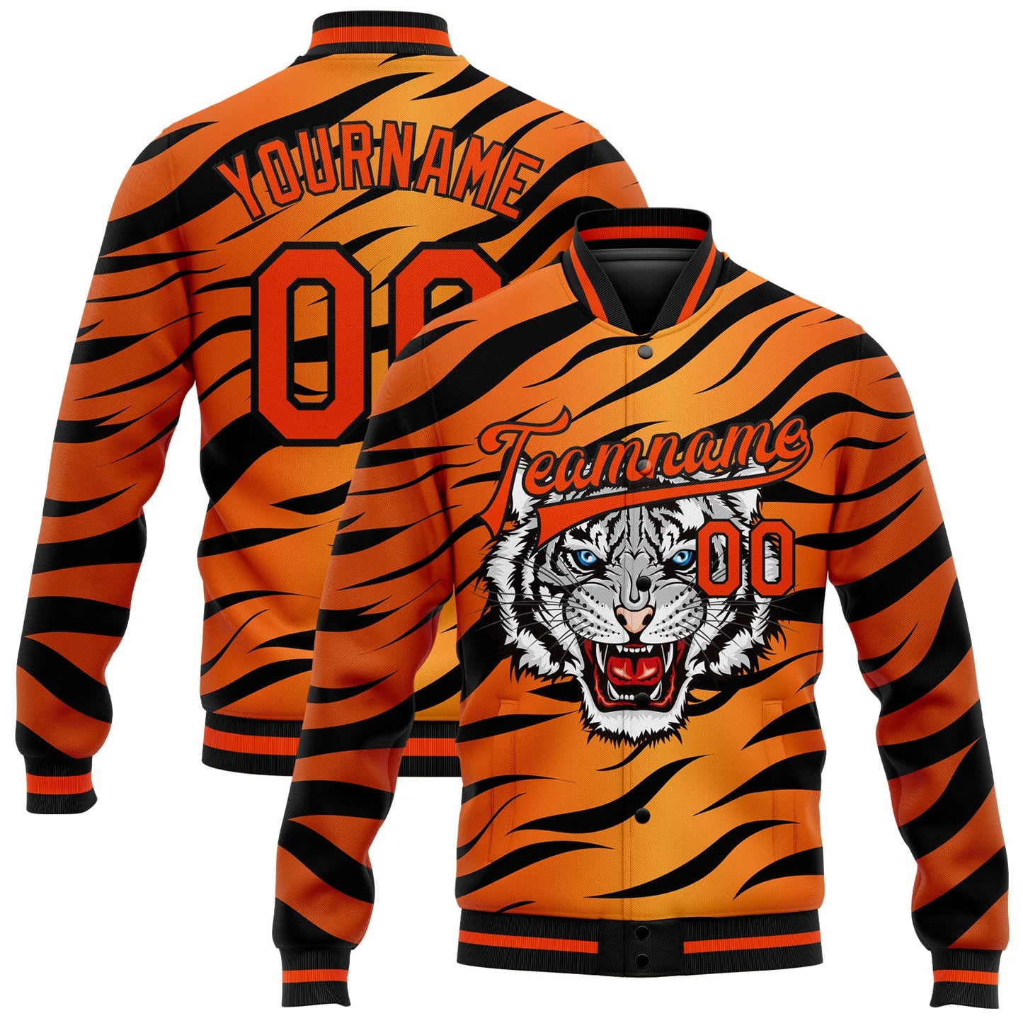 Custom Orange Black Tiger 3D Pattern Design Bomber Full-Snap Varsity Letterman Jacket - Main View