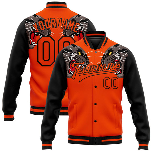 Custom Orange Black Leopard 3D Pattern Design Bomber Full-Snap Varsity Letterman Jacket - Main View