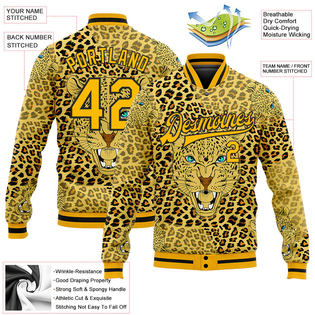 Custom Gold Black Leopard 3D Pattern Design Bomber Full-Snap Varsity Letterman Jacket view 5
