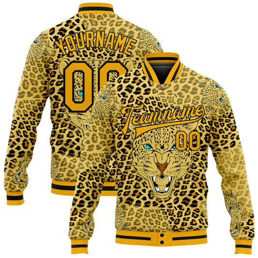 Custom Gold Black Leopard 3D Pattern Design Bomber Full-Snap Varsity Letterman Jacket - Main View