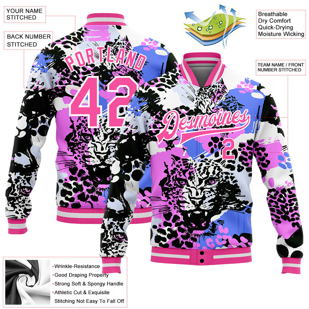 Custom Black Pink-White Leopard 3D Pattern Design Bomber Full-Snap Varsity Letterman Jacket view 5