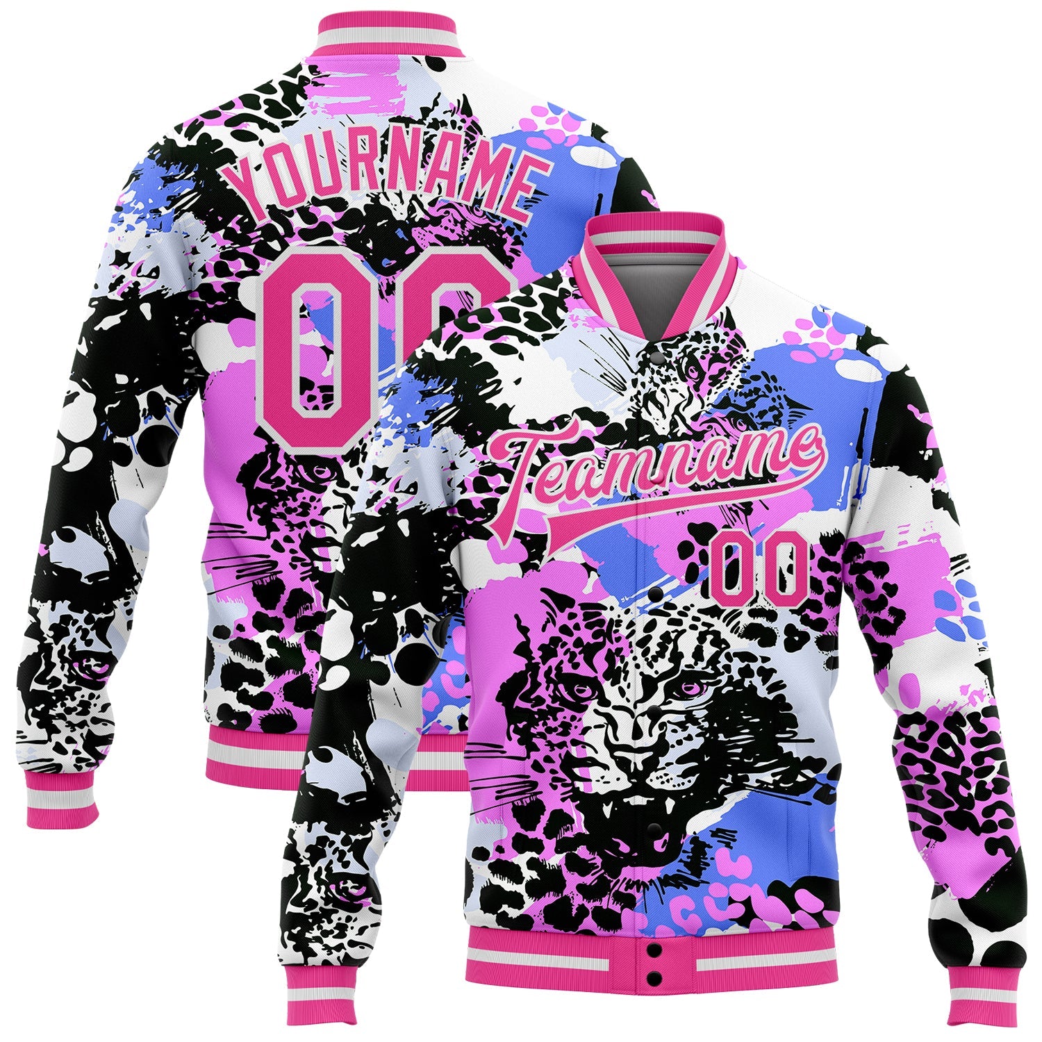 Custom Black Pink-White Leopard 3D Pattern Design Bomber Full-Snap Varsity Letterman Jacket - Main View
