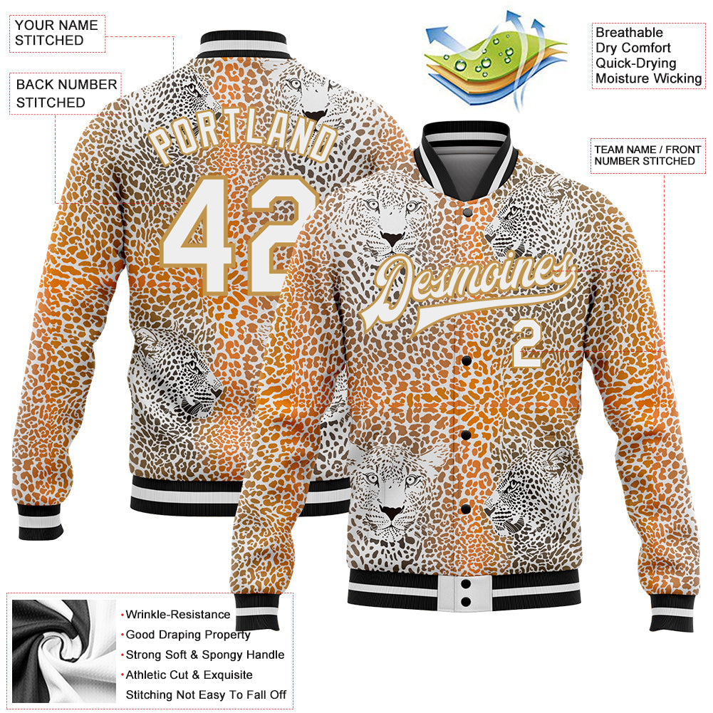 Custom Old Gold White-Black Leopard 3D Pattern Design Bomber Full-Snap Varsity Letterman Jacket view 5