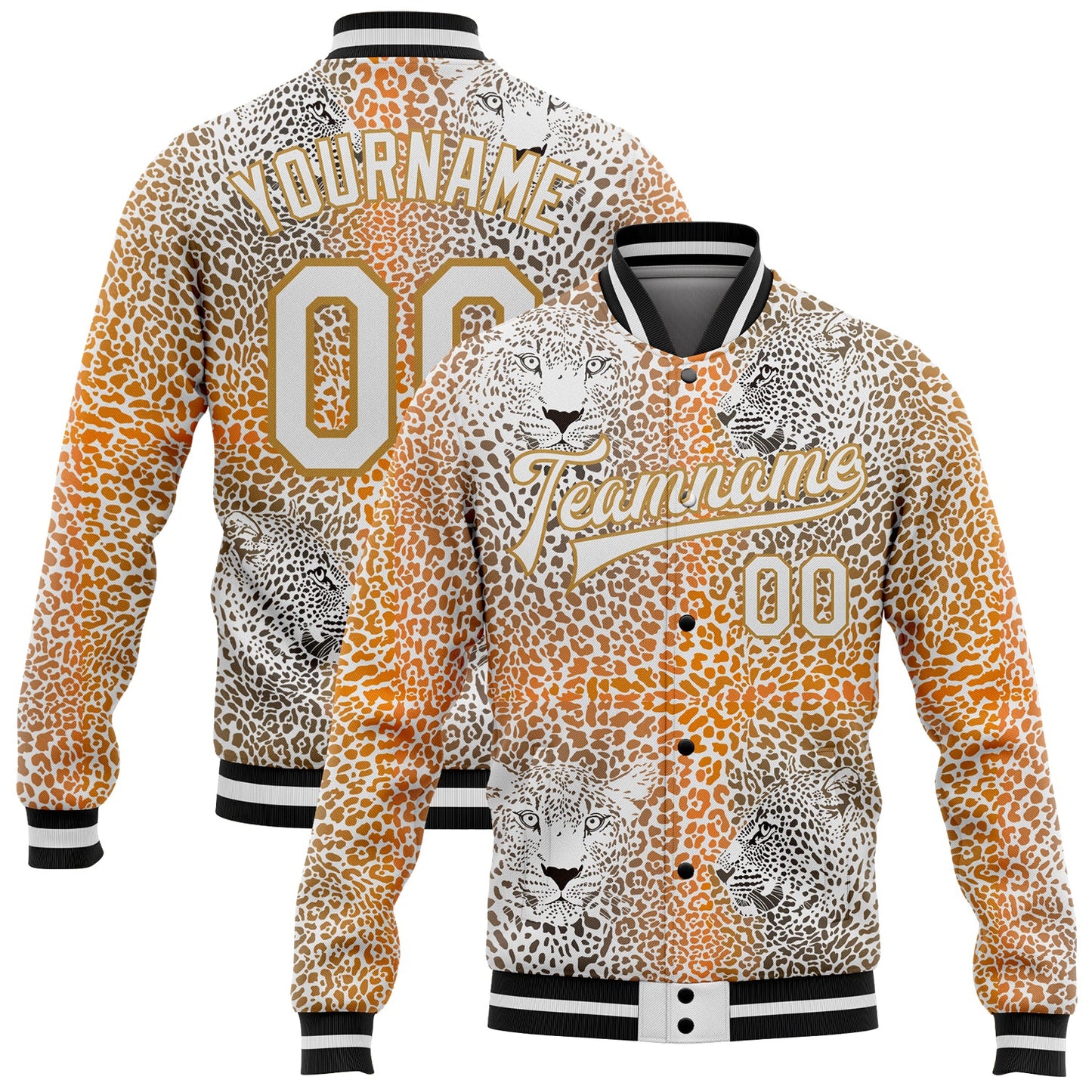 Custom Old Gold White-Black Leopard 3D Pattern Design Bomber Full-Snap Varsity Letterman Jacket - Main View