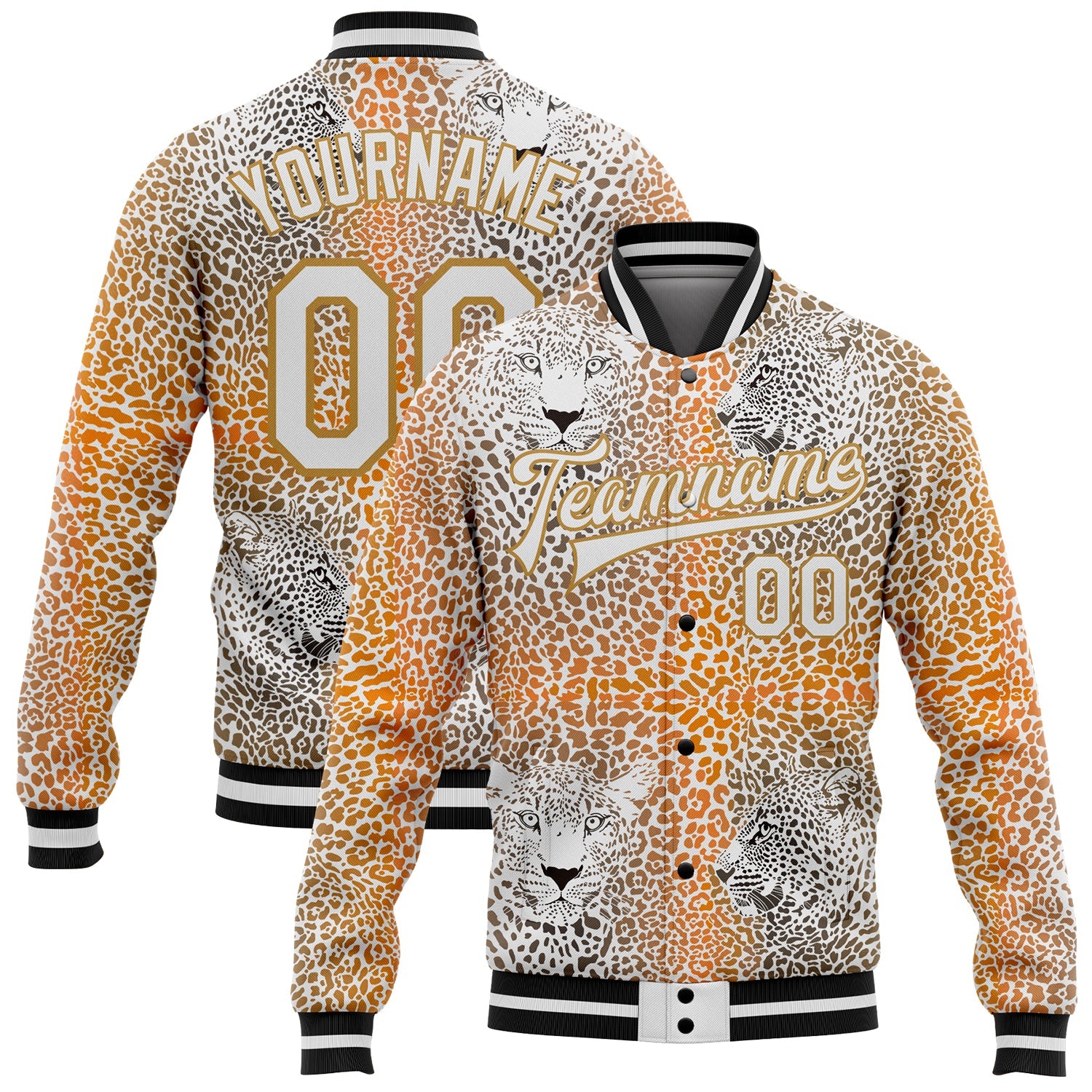 Custom Old Gold White-Black Leopard 3D Pattern Design Bomber Full-Snap Varsity Letterman Jacket - Main View