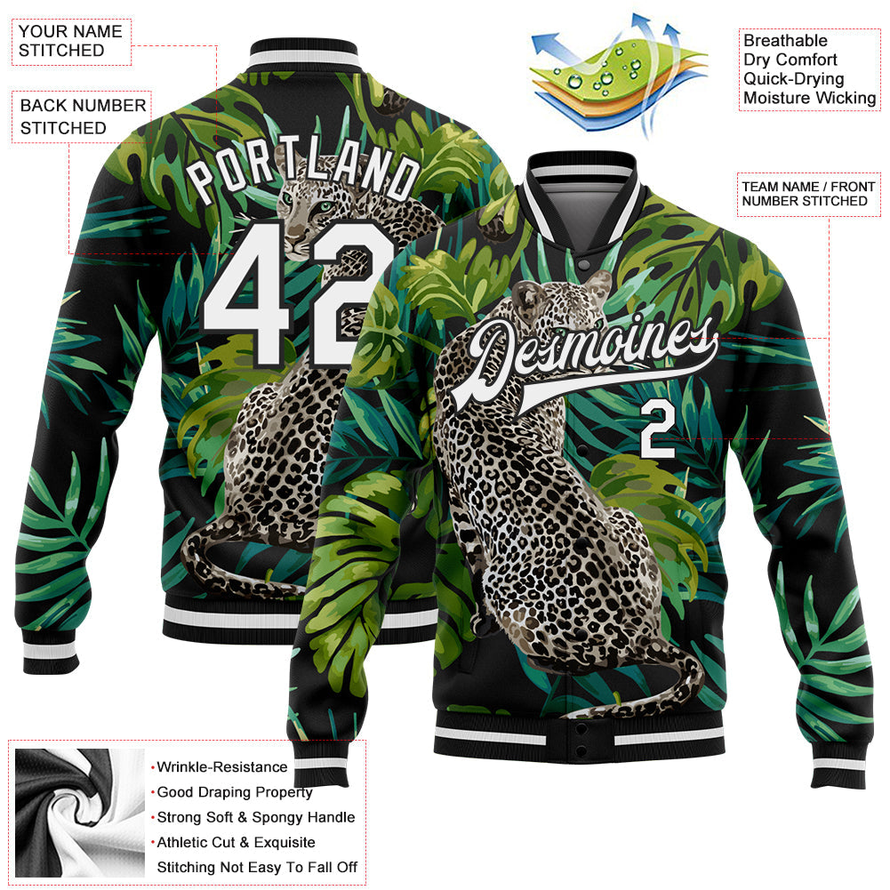 Custom Black White Leopard And Tropical Palm Plants 3D Bomber Full-Snap Varsity Letterman Jacket view 5