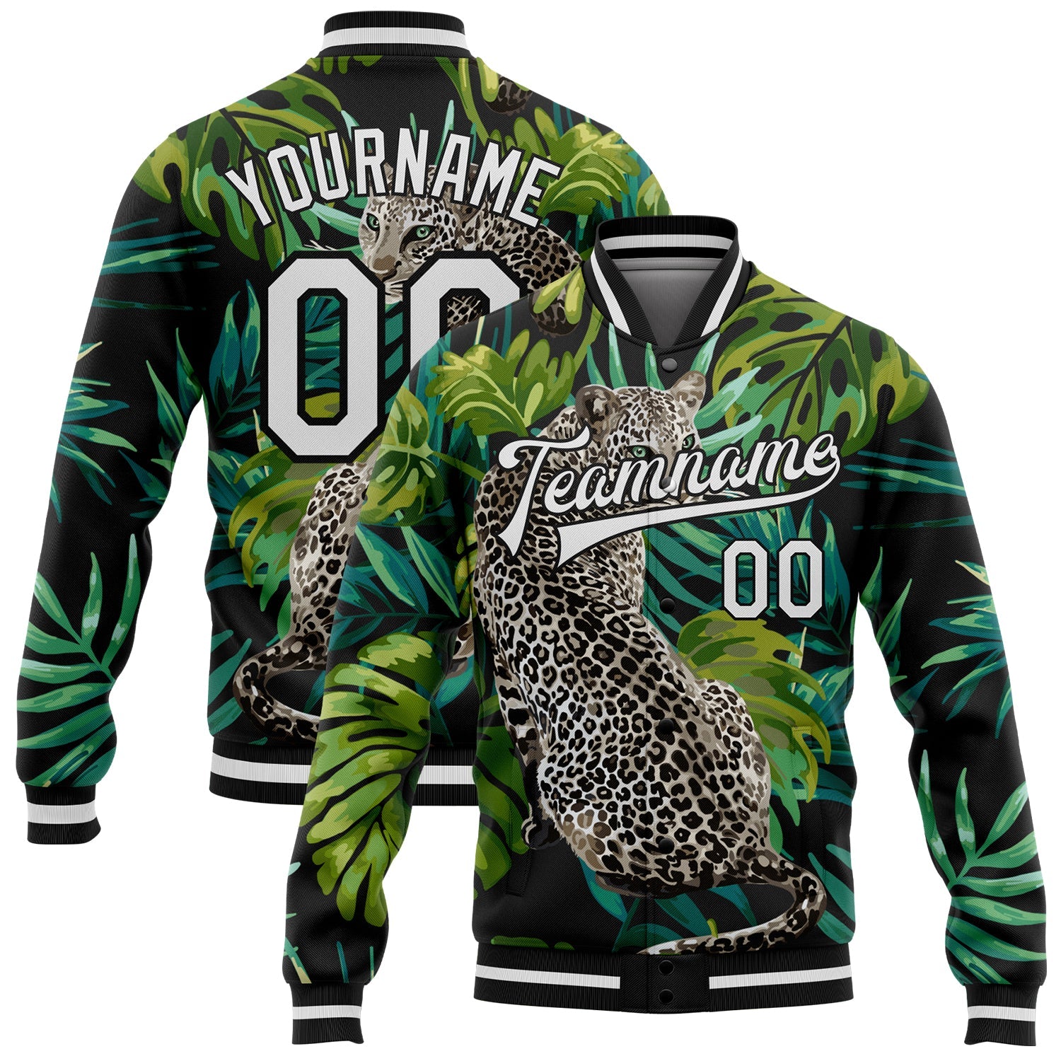 Custom Black White Leopard And Tropical Palm Plants 3D Bomber Full-Snap Varsity Letterman Jacket - Main View