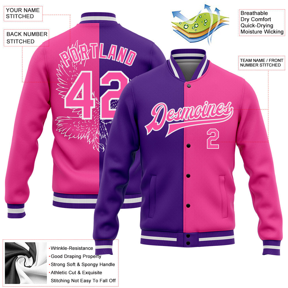 Custom Purple Pink-White Eagle 3D Pattern Design Bomber Full-Snap Varsity Letterman Jacket view 5