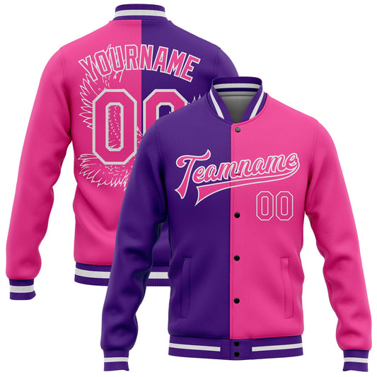 Custom Purple Pink-White Eagle 3D Pattern Design Bomber Full-Snap Varsity Letterman Jacket - Main View