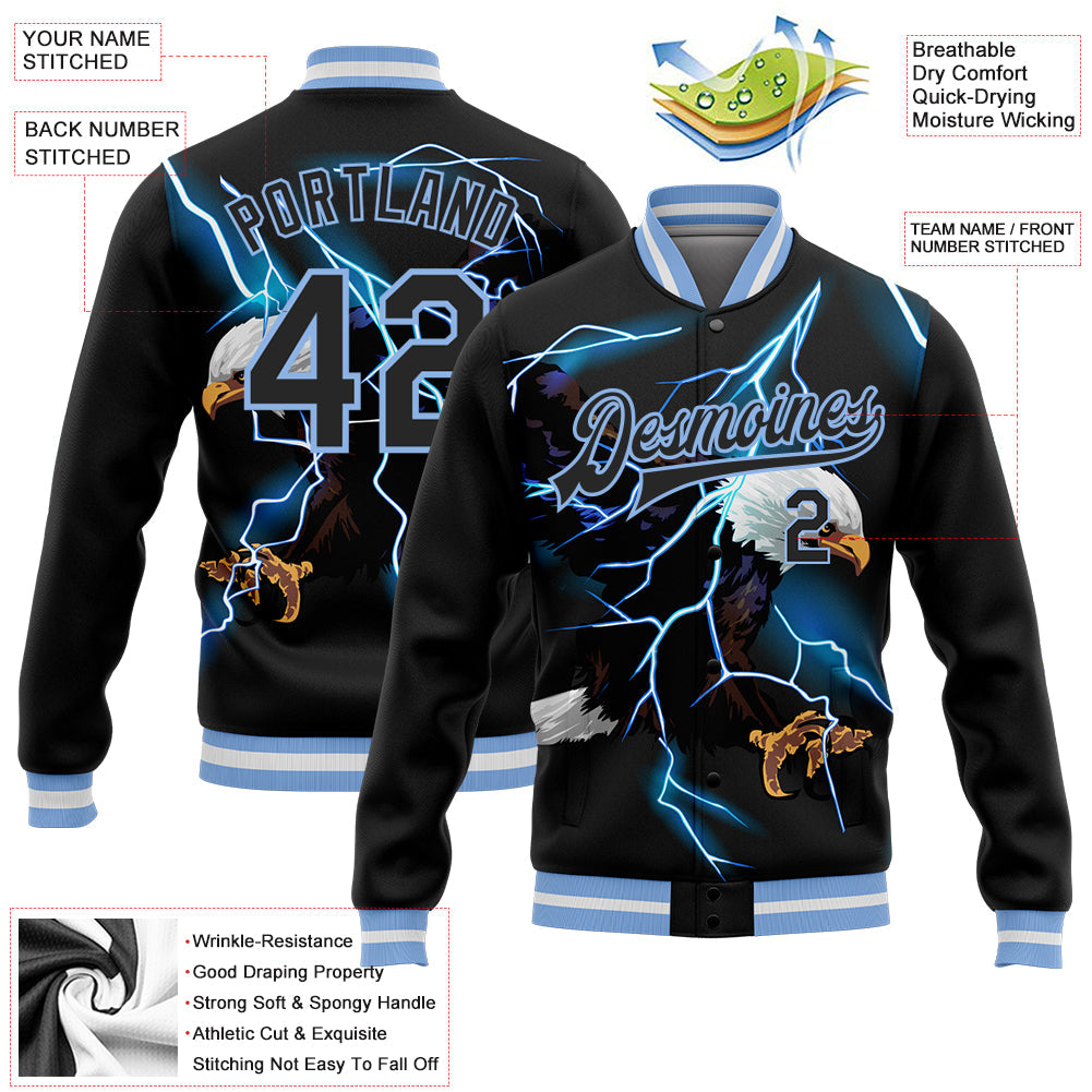 Custom Black Light Blue-White Lightning Eagle 3D Pattern Design Bomber Full-Snap Varsity Letterman Jacket view 5