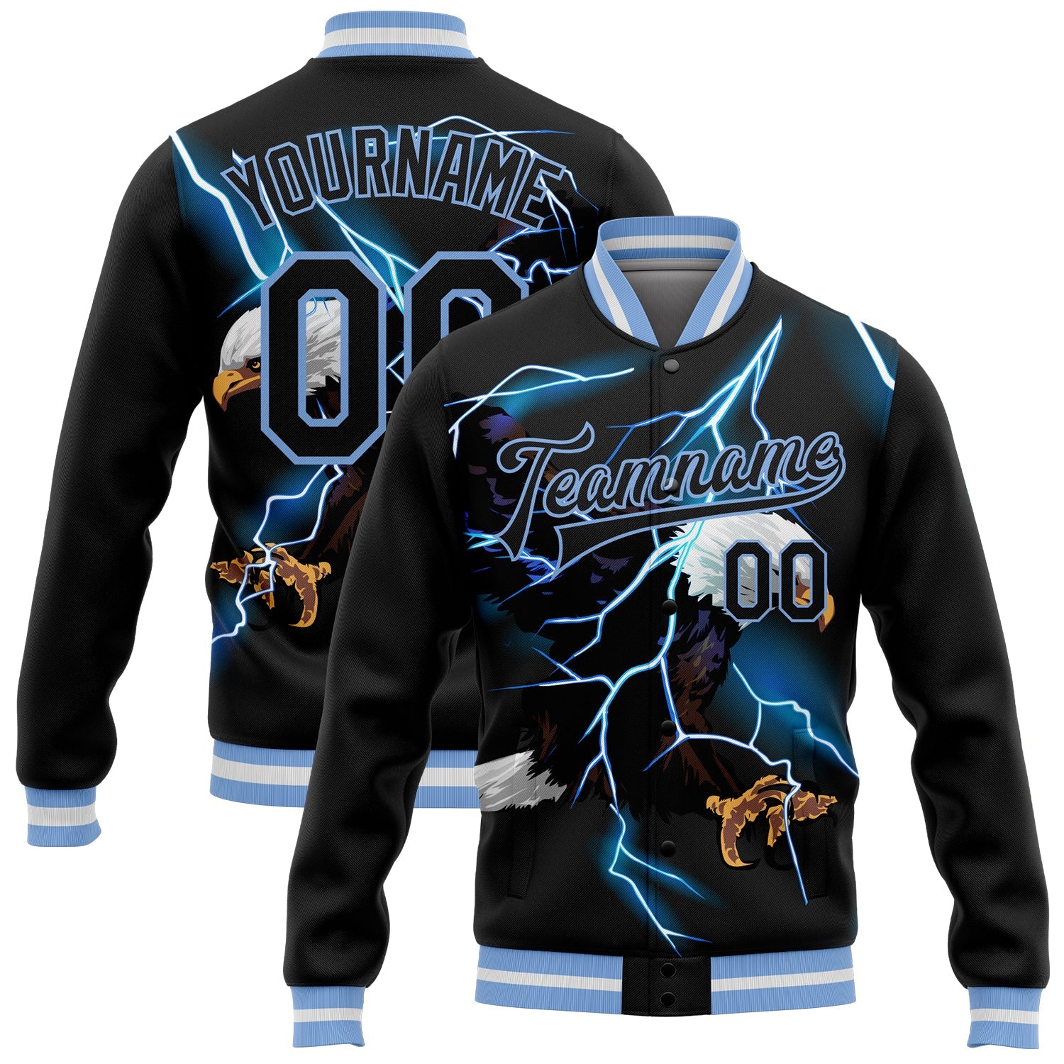 Custom Black Light Blue-White Lightning Eagle 3D Pattern Design Bomber Full-Snap Varsity Letterman Jacket - Main View
