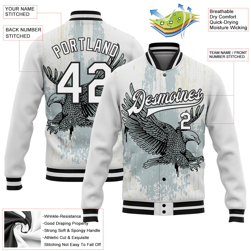 Custom White Black Eagle 3D Pattern Design Bomber Full-Snap Varsity Letterman Jacket view 5