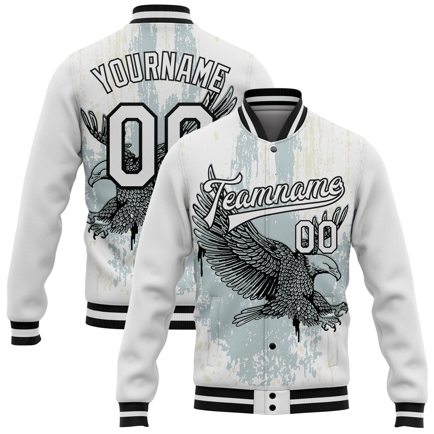 Custom White Black Eagle 3D Pattern Design Bomber Full-Snap Varsity Letterman Jacket - Main View