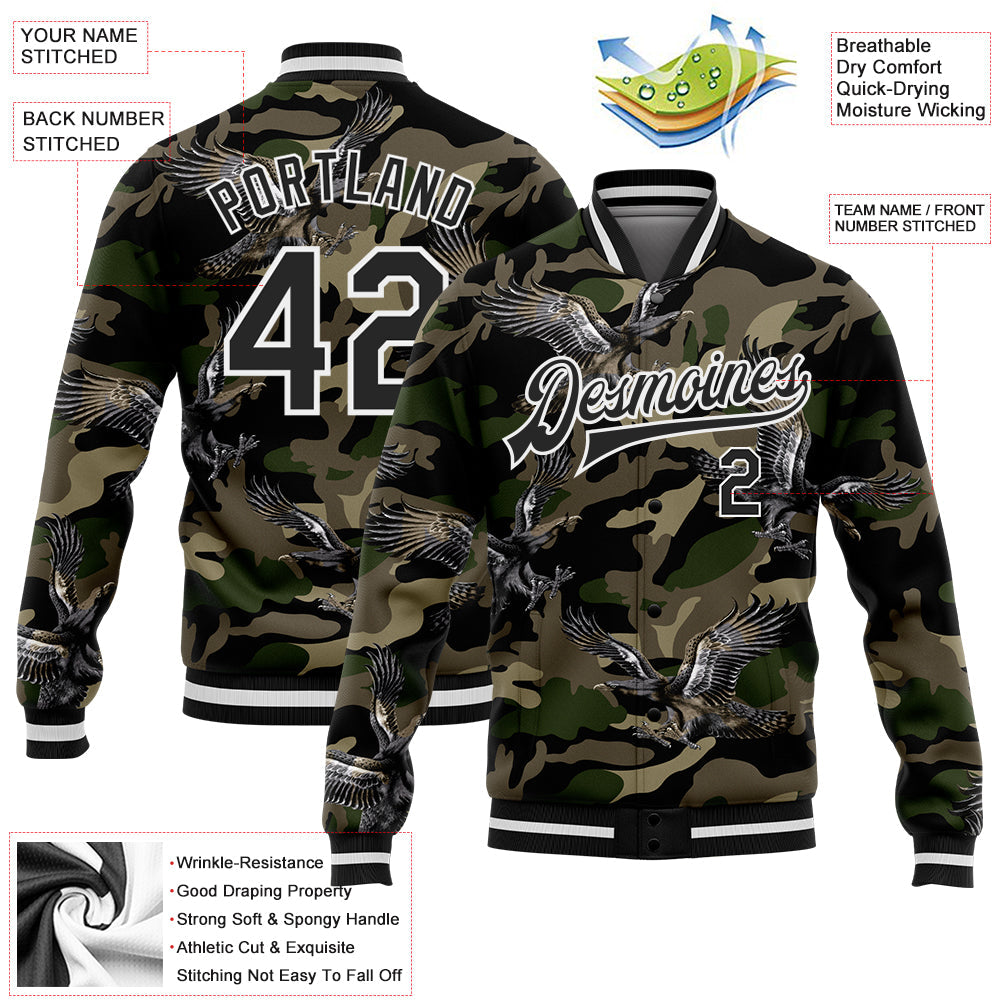 Custom Camo Black-White Eagle 3D Pattern Design Bomber Full-Snap Varsity Letterman Salute To Service Jacket view 5