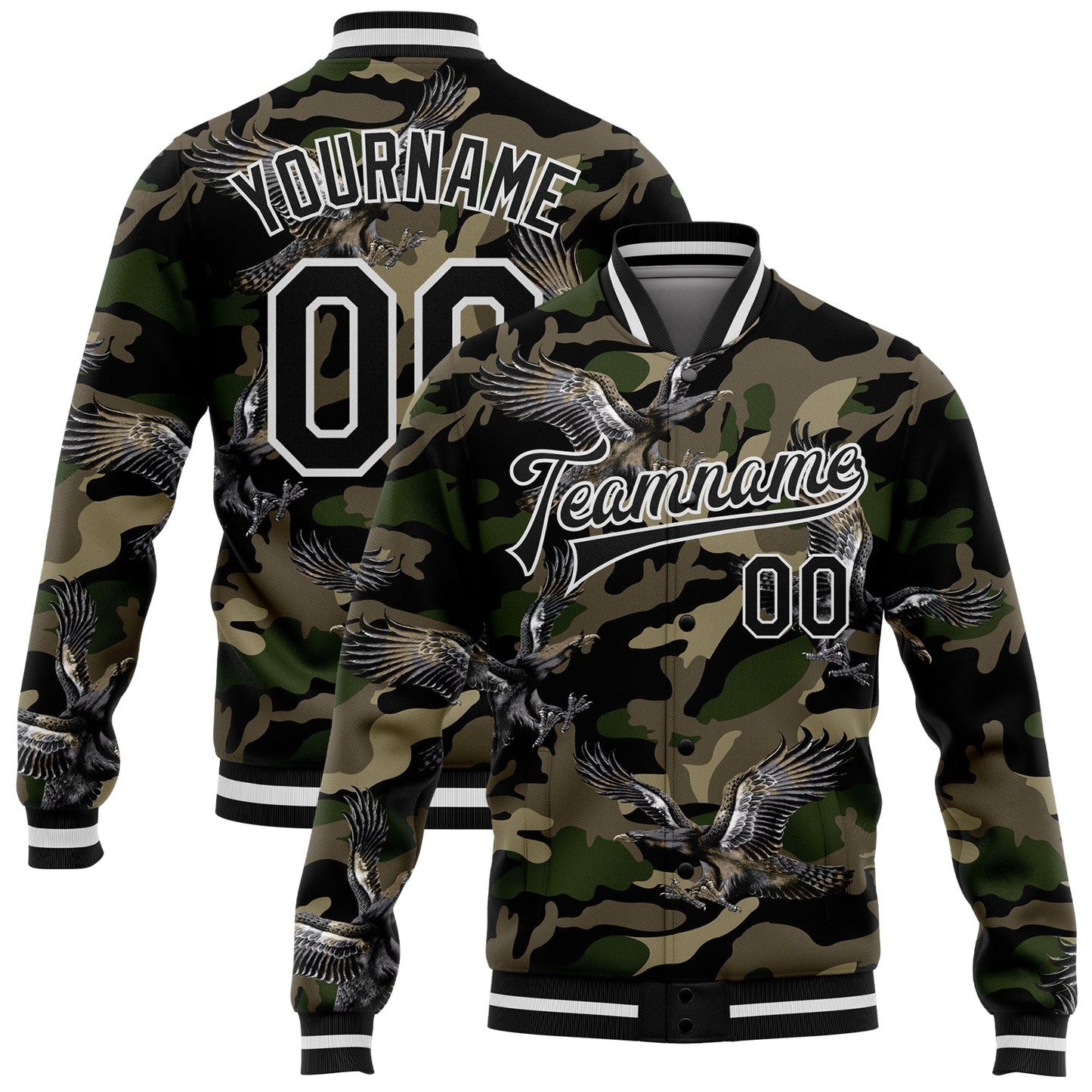 Custom Camo Black-White Eagle 3D Pattern Design Bomber Full-Snap Varsity Letterman Salute To Service Jacket - Main View
