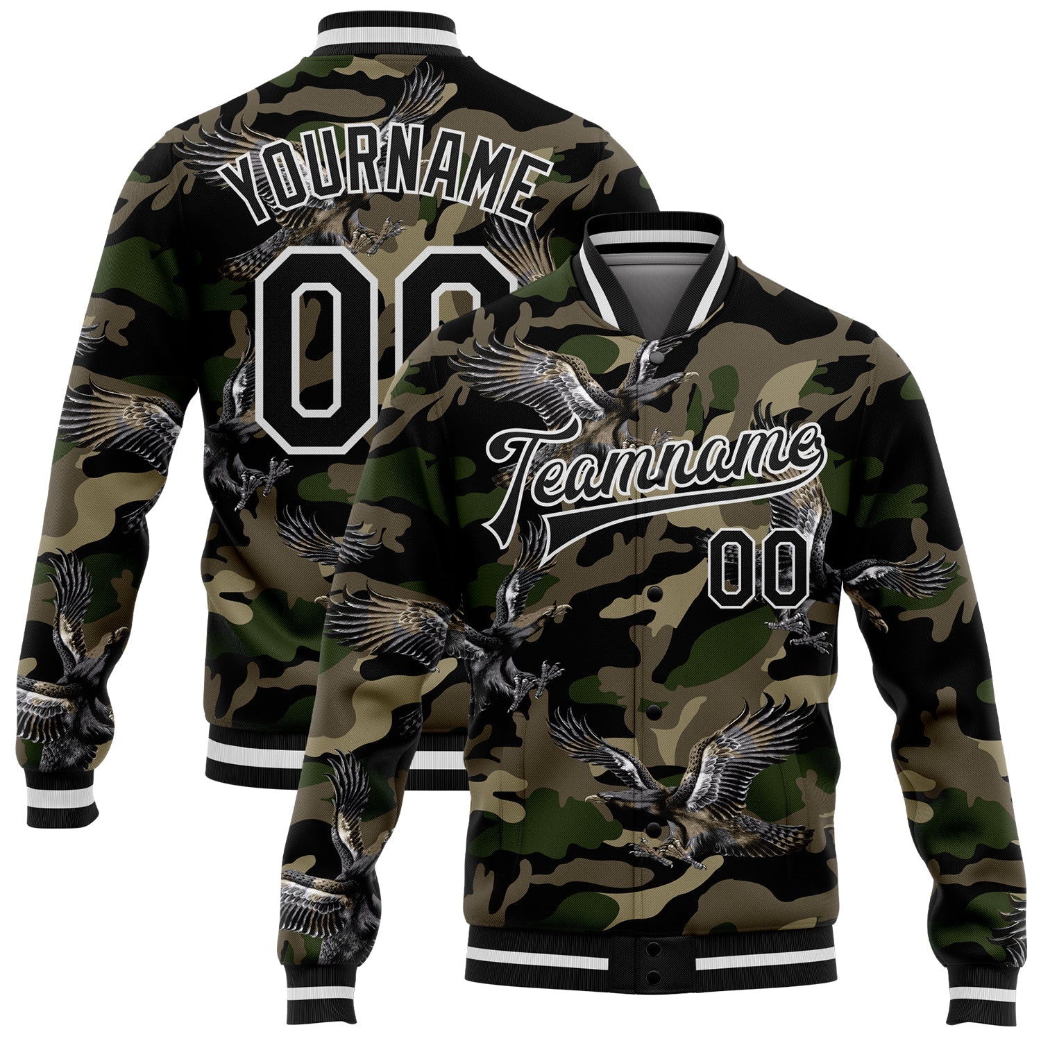 Custom Camo Black-White Eagle 3D Pattern Design Bomber Full-Snap Varsity Letterman Salute To Service Jacket - Main View