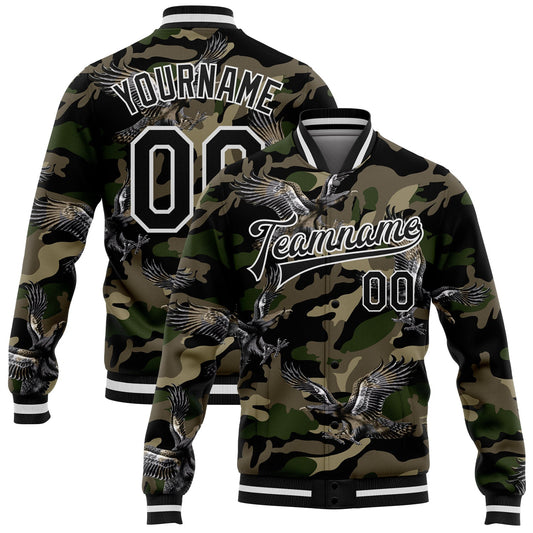 Custom Camo Black-White Eagle 3D Pattern Design Bomber Full-Snap Varsity Letterman Salute To Service Jacket - Main View